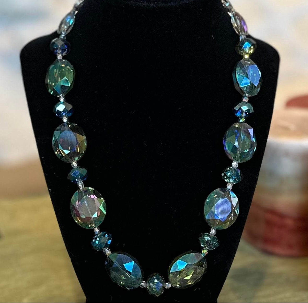 Vintage Faceted Iridescent Blue Glass Beaded Necklace