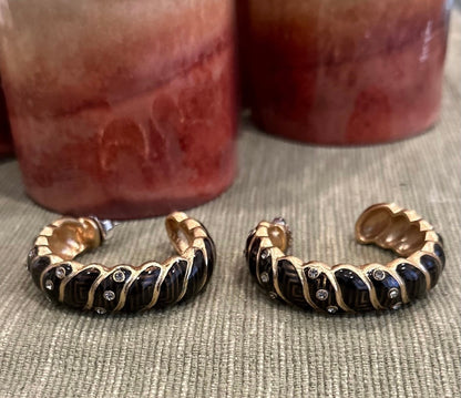 Black Enamel and Gold Tone Hoop Earrings