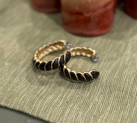 Black Enamel and Gold Tone Hoop Earrings