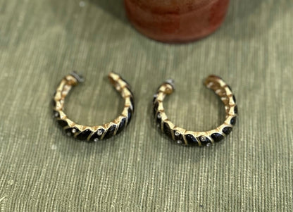 Black Enamel and Gold Tone Hoop Earrings